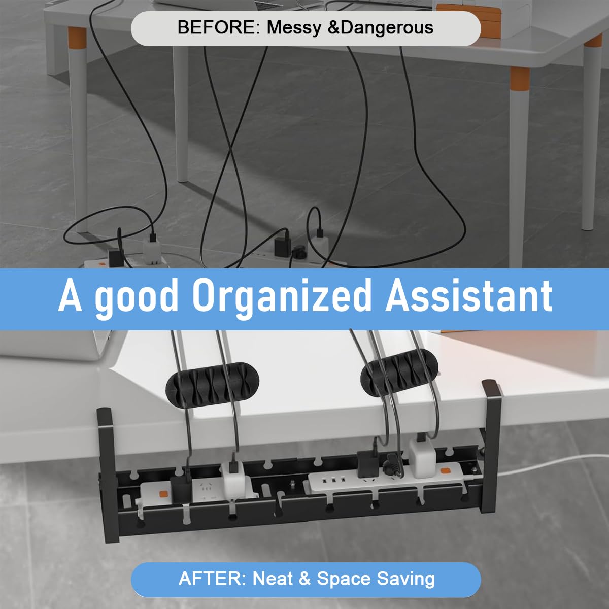 OFIFO Under Desk Cable Organizer for Workspaces with 28.5–55 cm Retractable Tray | Carbon Steel Build