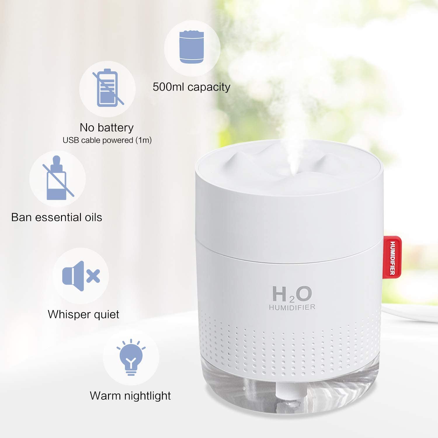 HANNEA® 500ml Mini Silent Humidifier Household Car Humidifier Desktop Humidifier with Atmosphere Light Car Office Kids Room Bedroom Auto Shut-Off, 2 Spray Modes,LED (white)