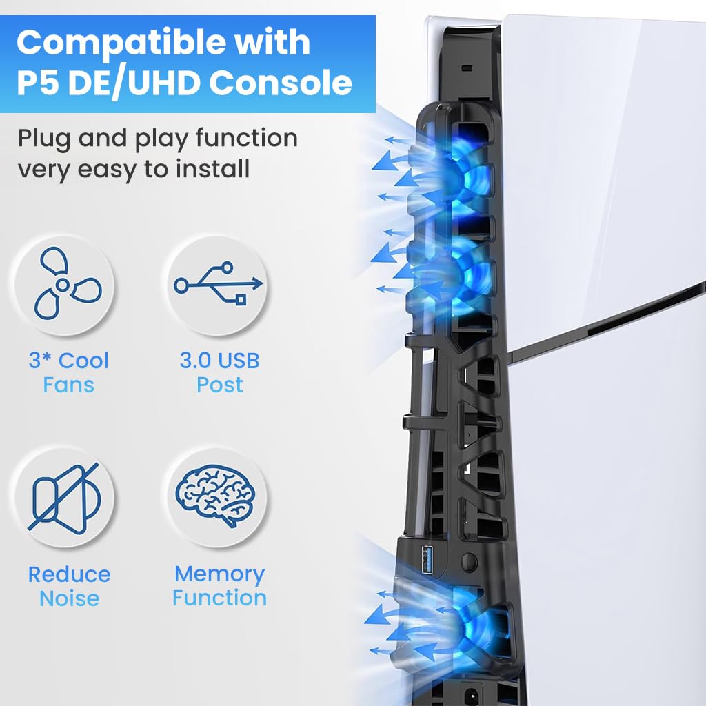 ZORBES Cooling Fan for PS5 Slim with 3 Turbo Fans and USB 3.0 Port | Includes 9 Dust Plugs