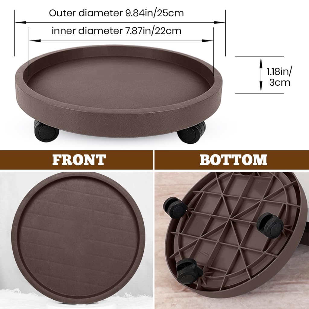 HASTHIP Plant Pot Stand for Indoor and Outdoor Use with 4 Wheels and 8.6 in Tray | Resin Brown