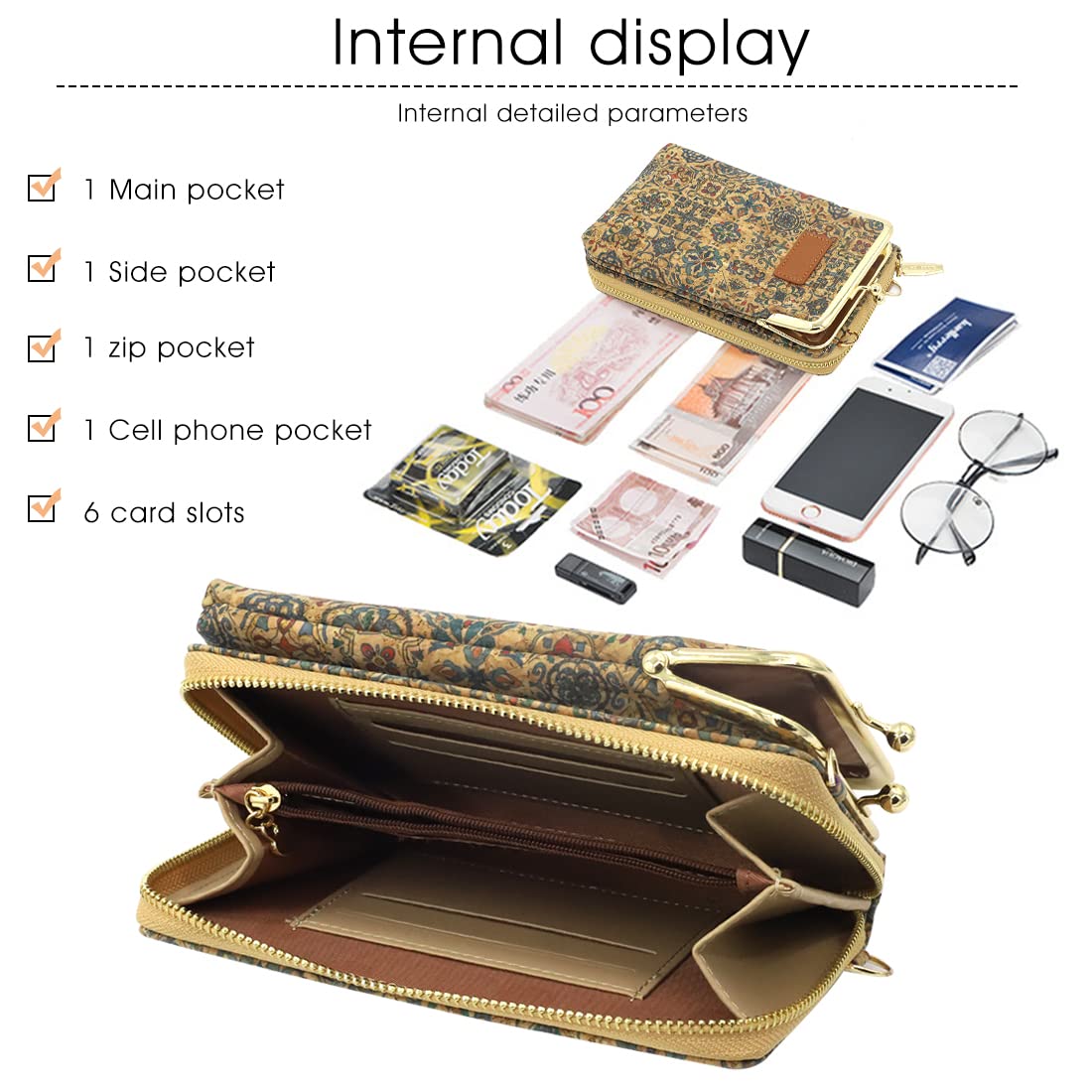 PALAY Crossbody Phone Bag for Women with 19x11x5cm Multi Layer Storage and Beige Art Print