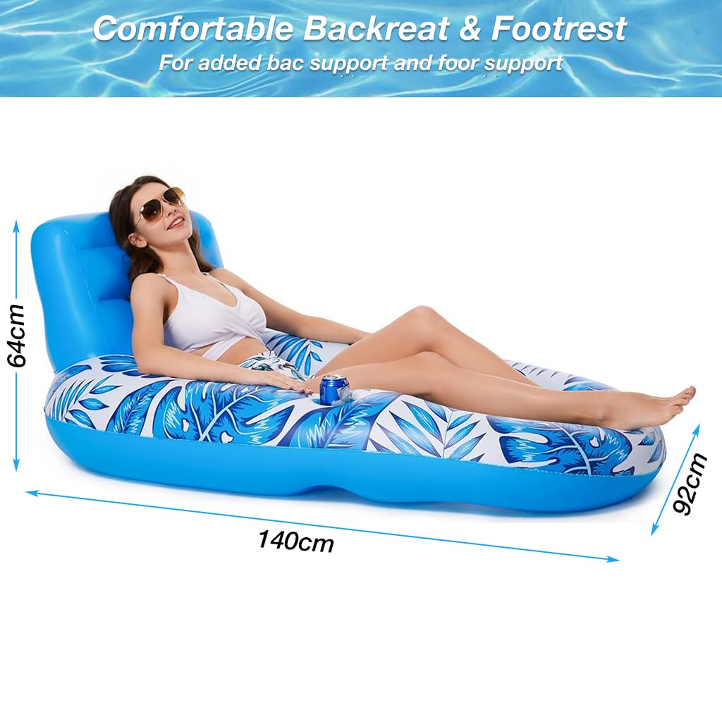 Proberos Inflatable Pool Lounger for Adults with Headrest and Cup Holder featuring PVC Frame 14x92x64cm | Foldable Pool Hammock Float