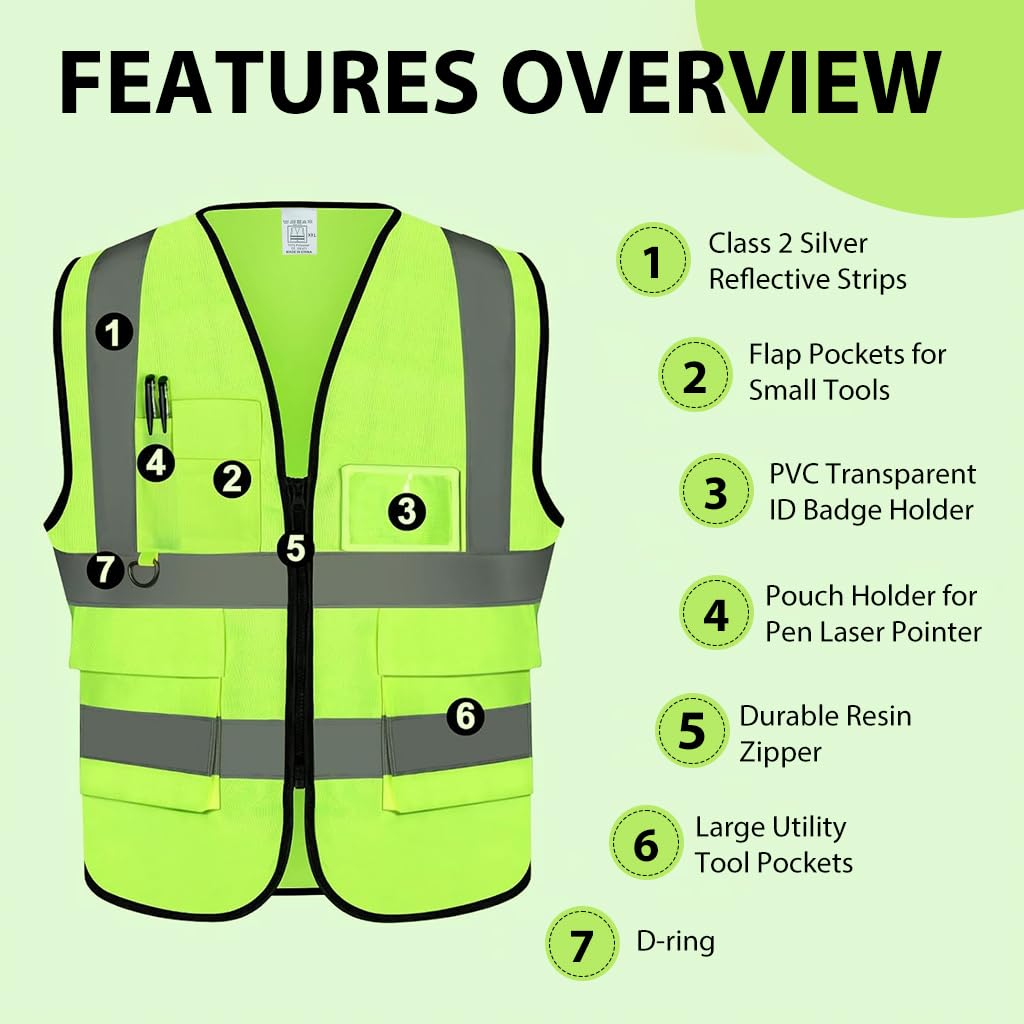 Serplex Reflective Safety Vest for Construction and Warehouse Crews with Zip Front and Multi Pockets | Quick Dry Mesh Green Design for Men and Women