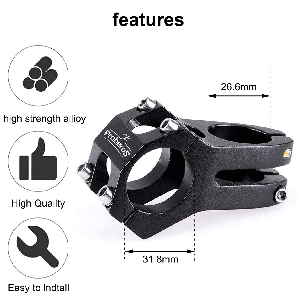 Proberos  31.8MM Aluminum Alloy Cycling Bicycle Bike MTB Handlebar Stem High-Strength Handlebar Stem Fit for Most Mountain Bike Road Bike MTB BMX Track Bike (Black)