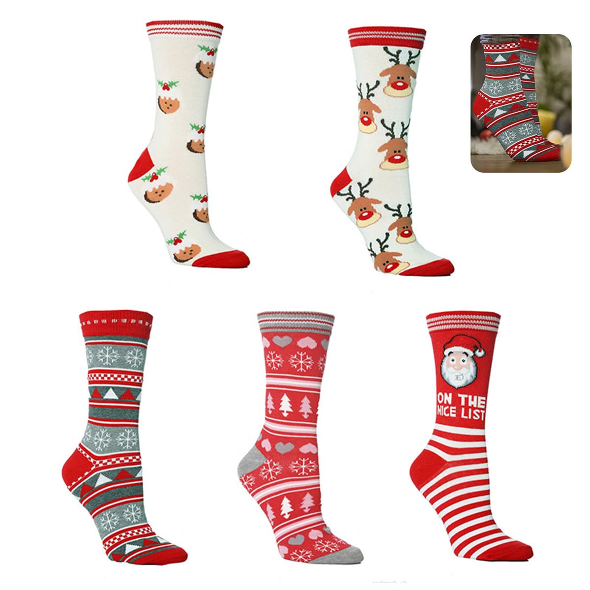 GUSTAVE® 5 pcs Christmas Socks for women, Winter Socks for Women Cute Cotton Knit Socks, Christmas Gifts