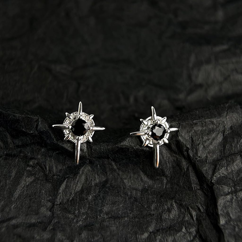 SANNIDHI Clip On Earrings for Non Pierced Ears with Magnetic Studs and Black Rhinestones | Unisex Punk Star Design
