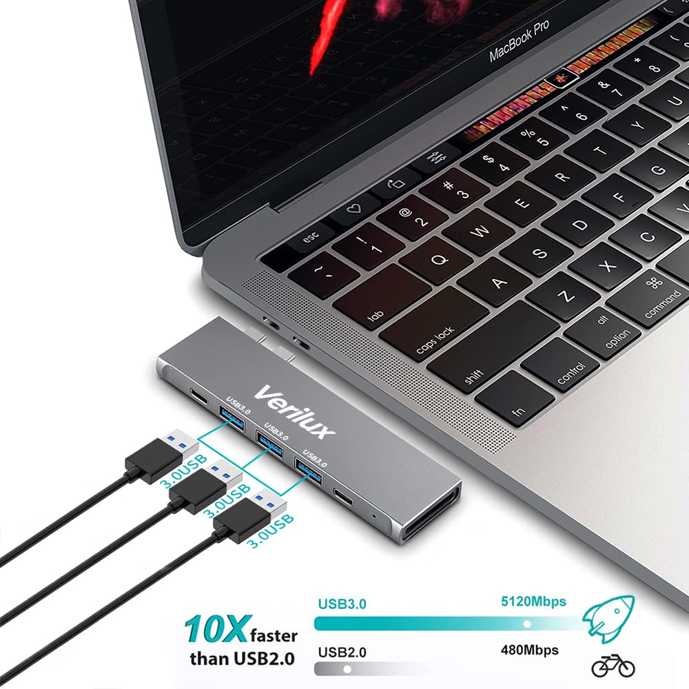 Verilux® USB C Hub Adapter,8 in 2 Multiport MacBook Pro USB-C Accessories with 3 USB 3.0 Ports,4K HDMI,TF/SD Card Reader,Thunderbolt 3 Port,USB-C Port,100W PD Port for 13 15 16 inch MacBook