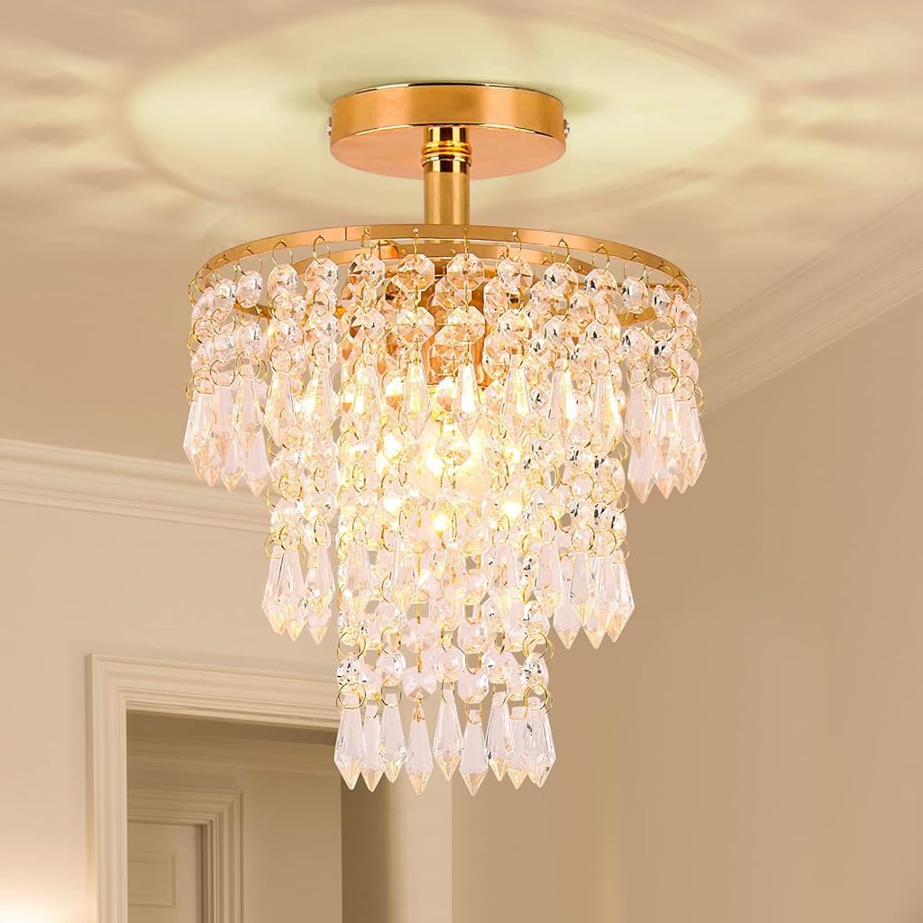 ELEPHANTBOAT Mini Crystal Chandelier for Living Room with 3 Tiers Raindrop Design | 11.4 in Ceiling Light Fixture