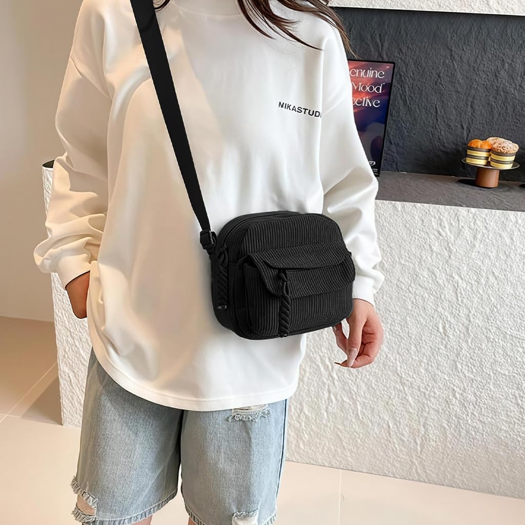 Zibuyu Small Corduroy Sling Bag for Women with Multiple Zipper Pockets and Adjustable Strap | Cute White Mini Crossbody for Everyday Use