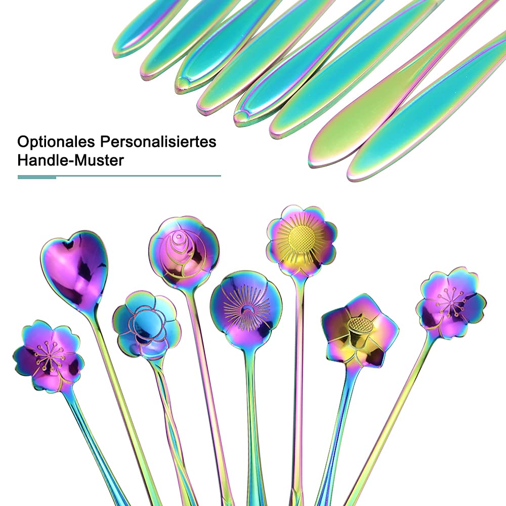 HASTHIP® 8Pcs Colorful Stainless Steel Coffee Spoon Set, Reusable Teaspoons Coffee Sugar Stirring Spoon, Dessert Cake Spoons Tea Scoops (Rainbow Flower)