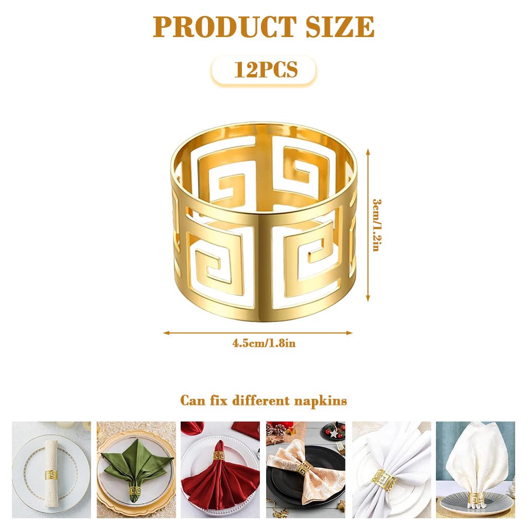 HASTHIP Napkin Ring Set for Wedding and Holiday Table Settings with Hollow Cut Design 12pcs 1.77x1.18in Gold