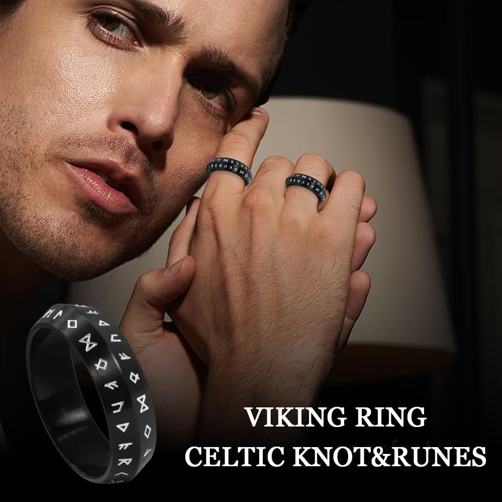 GUSTAVE Ring for Men with Nordic Rune Engravings in Black Titanium Steel | Norse Jewelry Gift