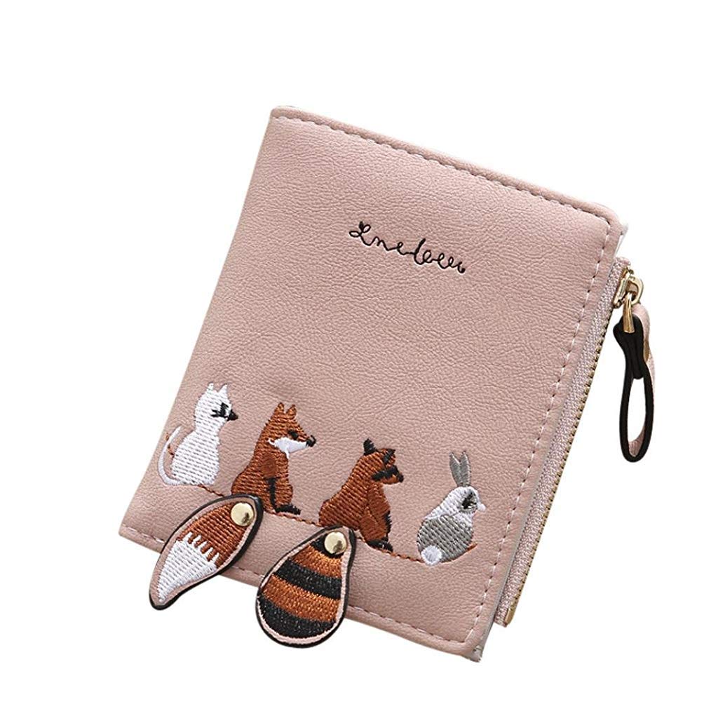 PALAY  Wallets for Women Stylish PU Leather Coins Zipper Pocket Cute Mini Animals Embroidery Short Wallet Card Holder Billfold Purse Wallet Gift for Girls (Pink)