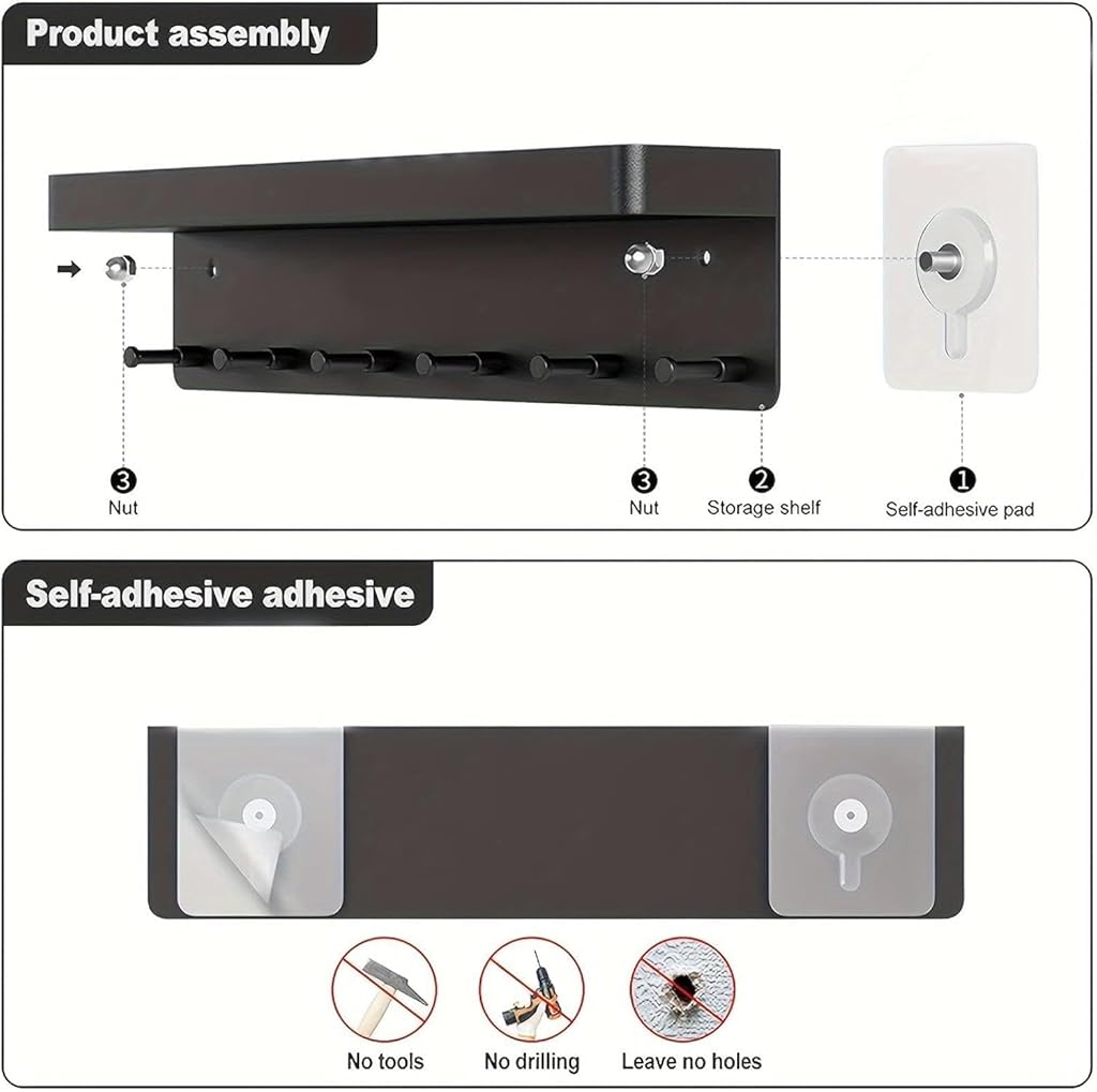 HASTHIP® Wall Hook Rack No Drill Hook Rack with Storage Shelf Entry Storage Kitchen Wall Multi Adhesive for Bathroom,Kitchen,Entry