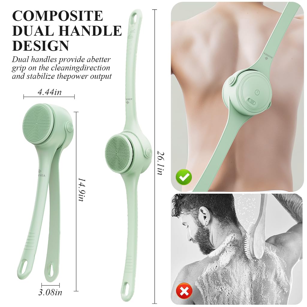 HANNEA Electric Bath Brush with 4 Brush Heads and 180° Dual Handle | 1200mAh USB Rechargeable Green