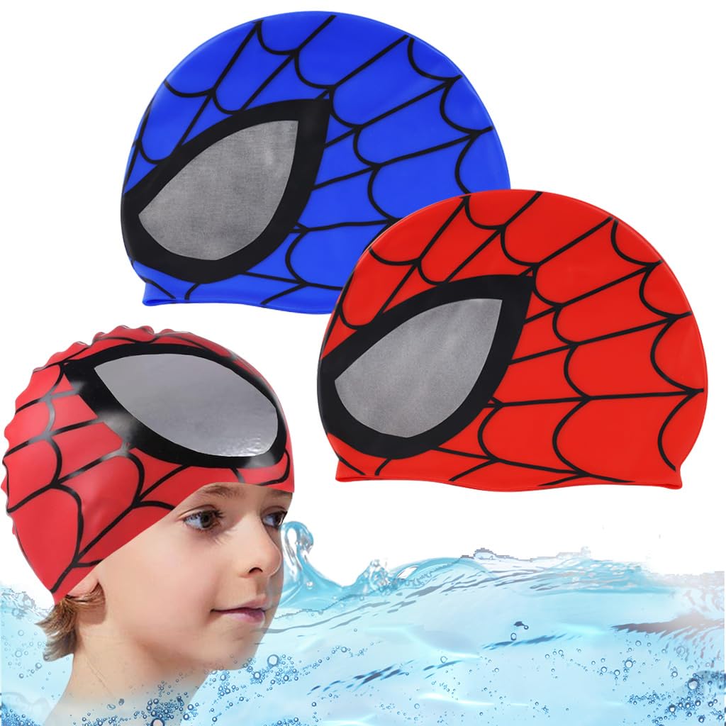 Proberos® Kids Silicone Swim Caps, Cartoon Spiderman Swimming Cap for Kids Elastic Silicone Swim Cap, Waterproof Stretchy for Children, Swimming Cap for Child Aged 3-6(2pc)