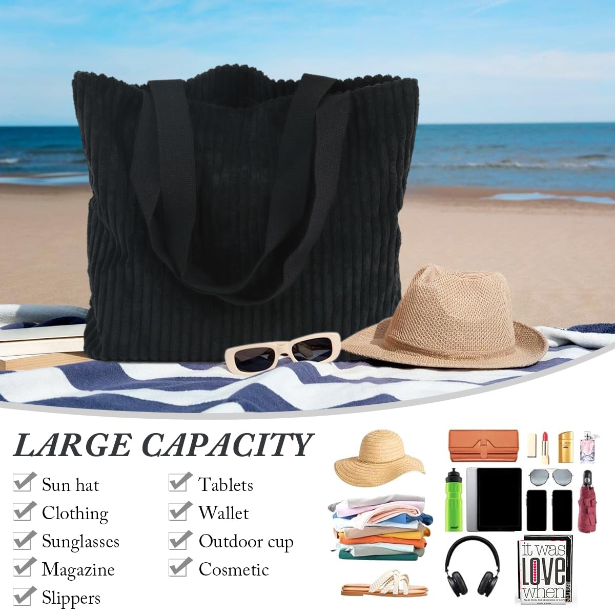 ZIBUYU® Corduroy Tote Bag for Women Fashion Black Casual Shoulder Bag Hand Bag with Zipper Nylon Webbing Shoulder Straps Design Book Bag Grocery Bag Versatile Daily Item Bag, 37x10x34cm