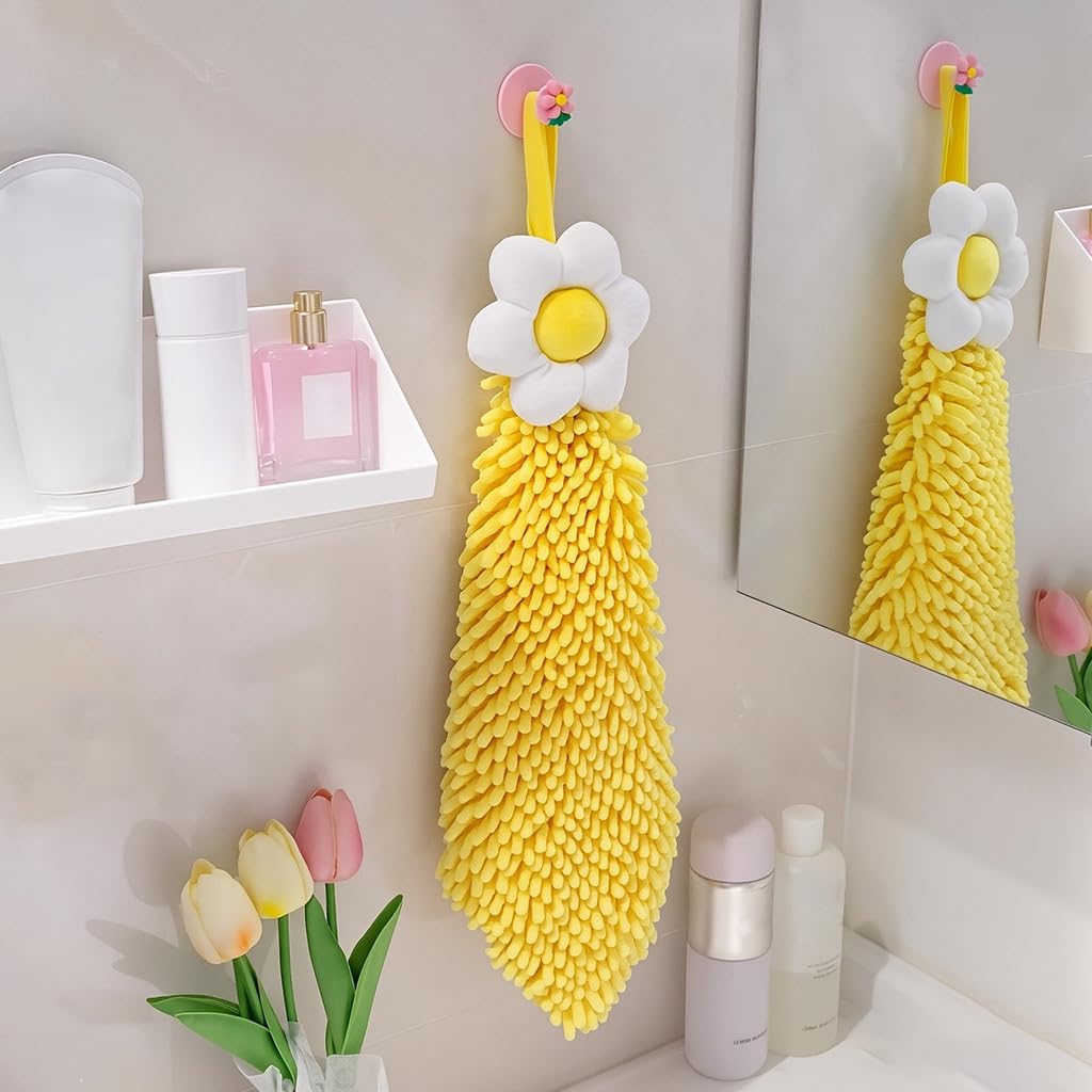 Supvox Hanging Kitchen Hand Towels for Restroom with Hanging Loop & Quick Dry | Pack of 2 Chenille Flower Design