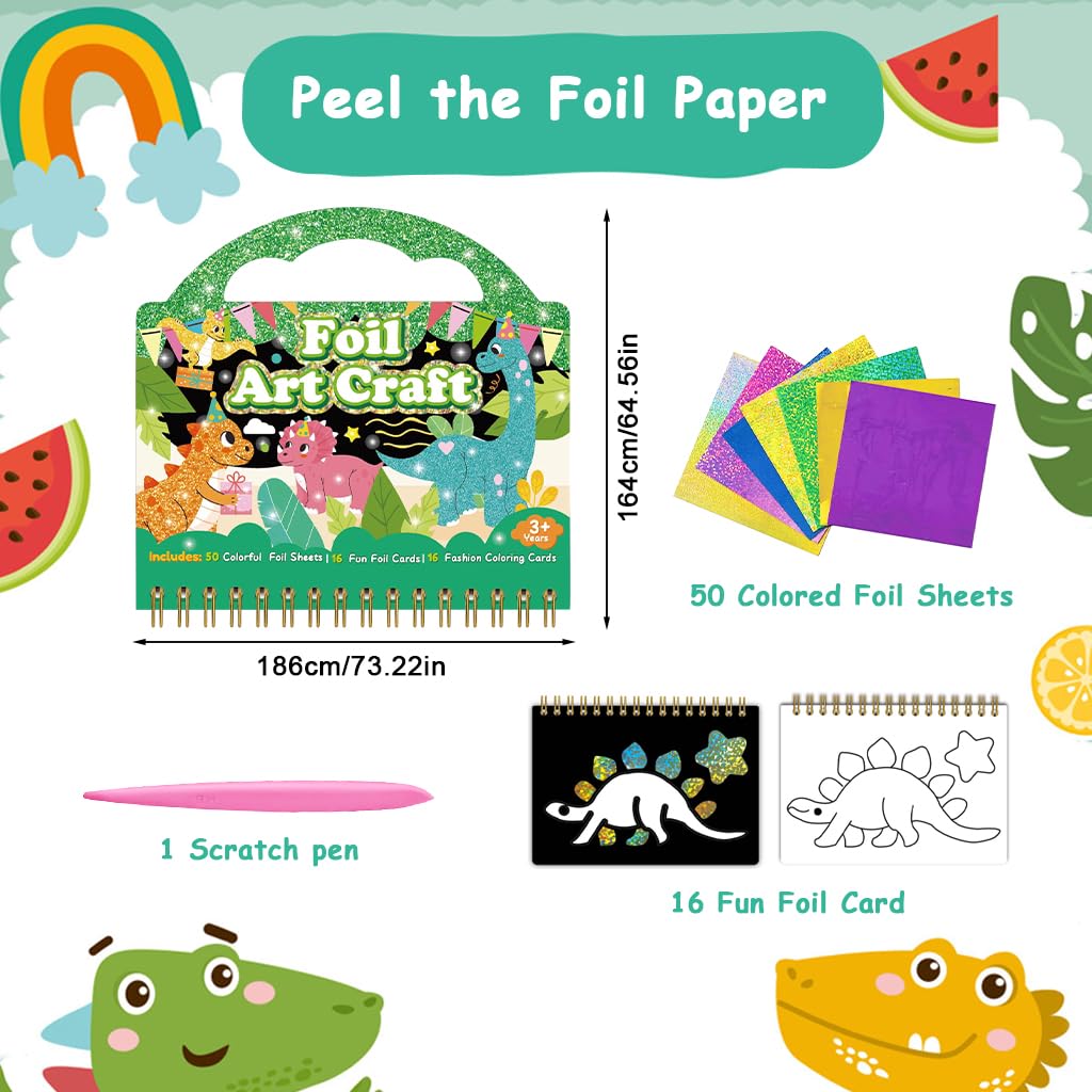 PATPAT Dinosaur Foil Art Kit for Kids with 16 Patterns and 80 Glitter Sheets | DIY Gift