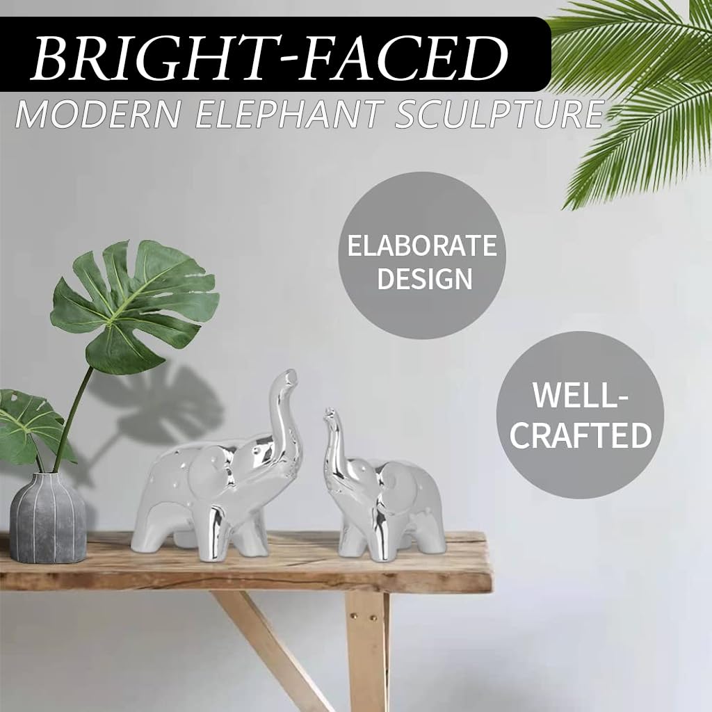 HASTHIP Elephant Statue Pair for Home and Office Decor featuring Silver Finish | 11.5cm and 9.5cm Ceramic Figurines