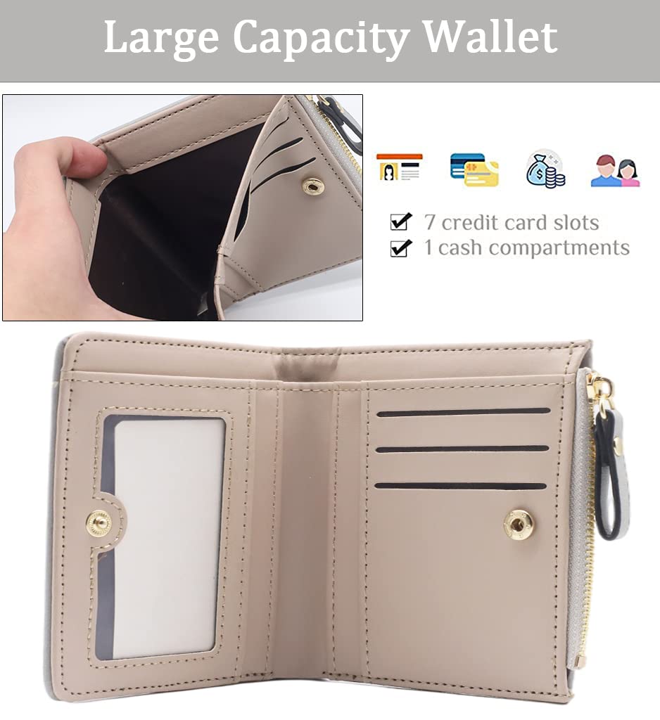 PALAY Wallet for Women 2pcs Set with Zipper Bi Fold Design and Fox Print PU Leather | Green and Grey Mini Purse 12 x 9.5 x 2 cm