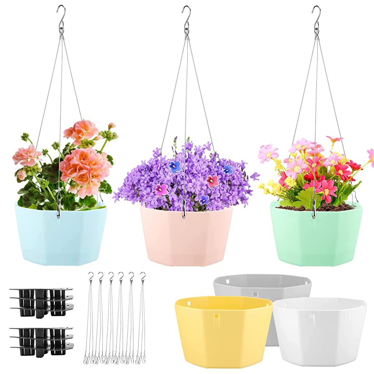 HASTHIP® 6pcs Flower Pot for Home Decoration with Stainless Steel Chains and Hooks, 15 * 9cm Hanging PP Planters with Water Filter Board for Home Plants, Plant Pot for for Balcony, Garden, Office