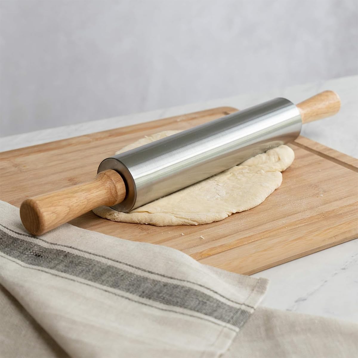 Supvox Stainless Steel Rolling Pin for Baking with Ergonomic Wooden Handles 38cm Long | Non Stick Pastry Tool