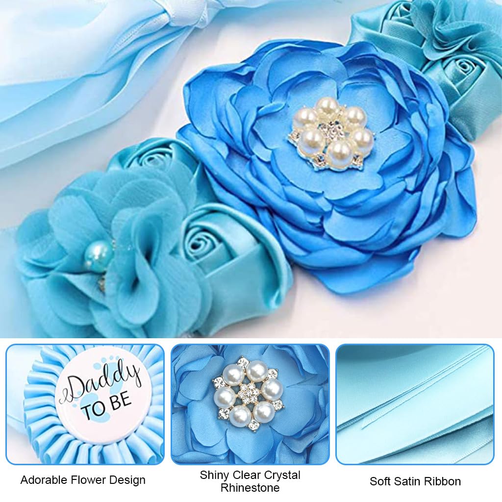 PALAY® Mom to Be Flower Sash Set - Baby Shower Daddy to Be Corsage Pin - Flower Belt for Maternity Dress - Pregnancy Photo Props Supplies-Blue