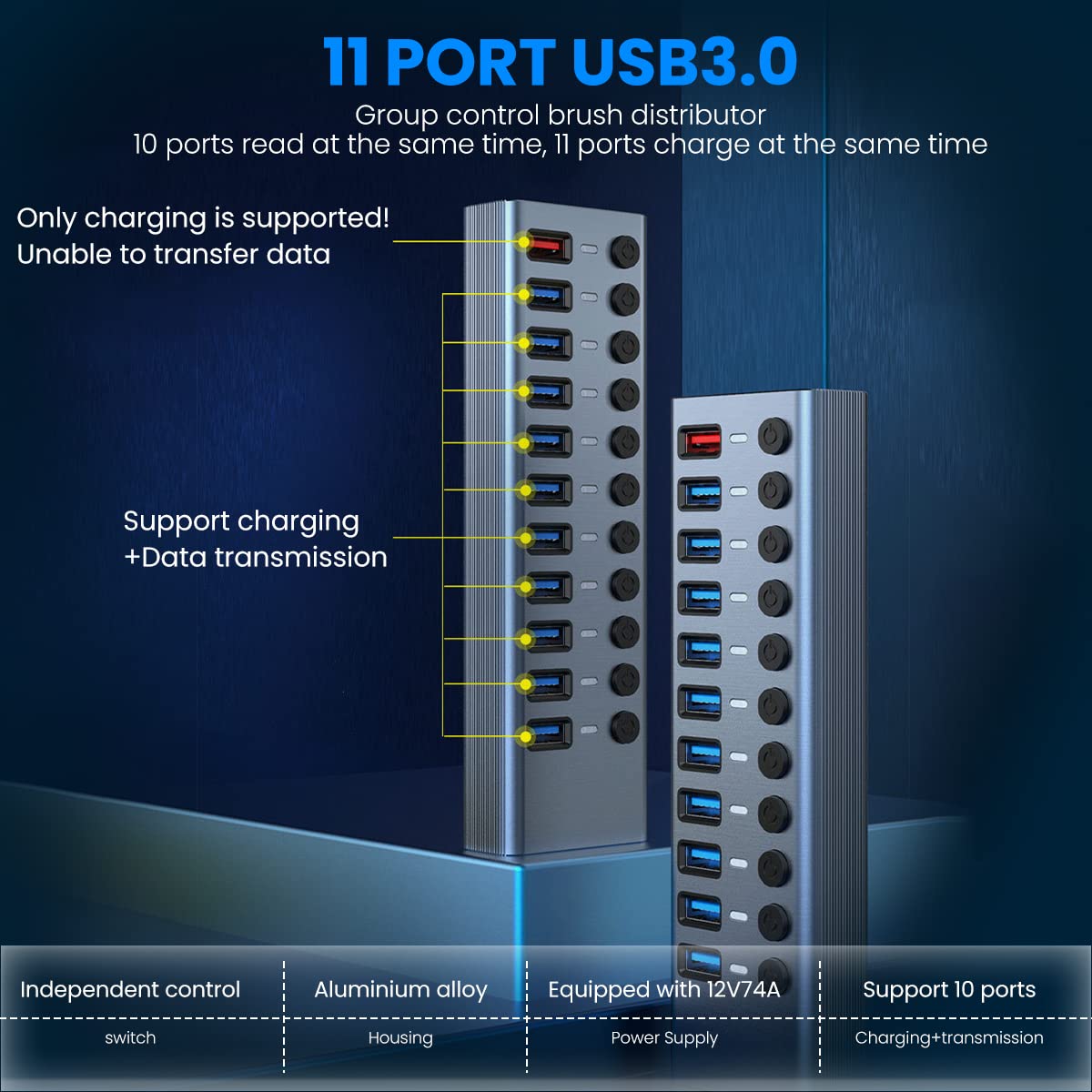 Verilux Powered USB Hub 11 in 1 USB HUB with Individual On/Off Switches and 12V/4A Power Adapter USB Hub 3.0 Splitter Multi USB Port for Laptop, PC, Computer, Mobile HDD, Flash Drive Mouse, Keyboard