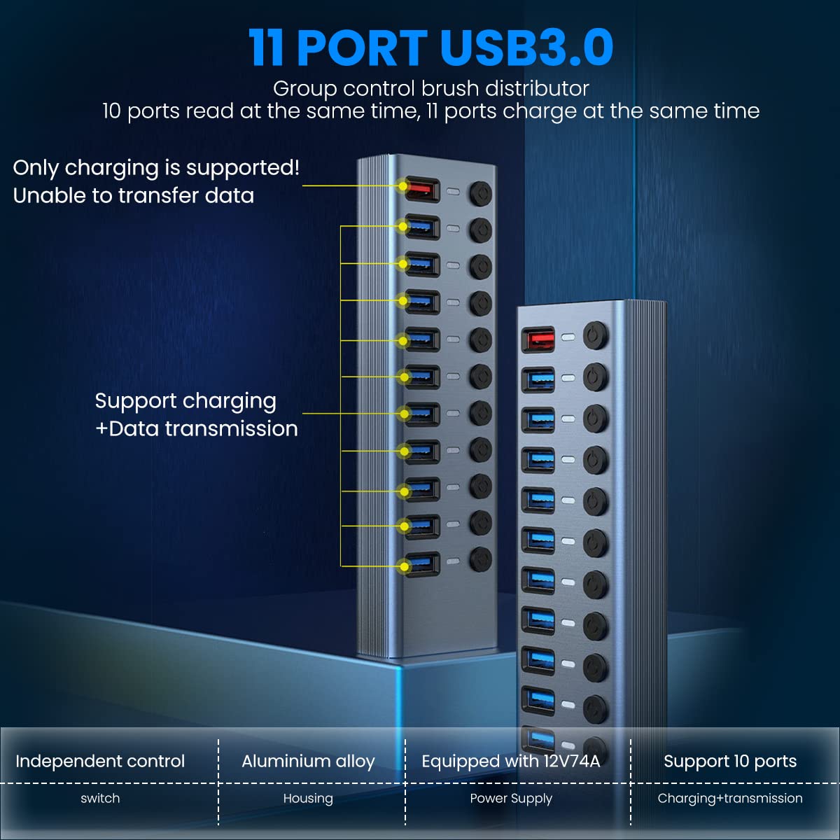 ZORBES USB Hub 3.0 for Laptop and PC with 11 Ports and Individual On Off Switches | Aluminum Alloy Powered Splitter