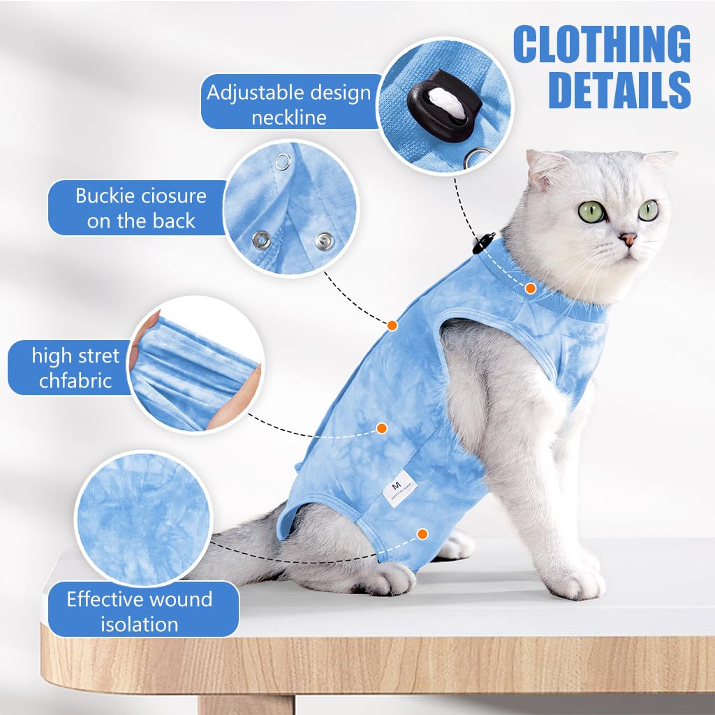 Qpets® Cat Clothes, Kitten Clothes for Cats Recovery Suit After Surgery for Abdominal Wounds, Fashion Blue Tie-dye Cat Clothes for Summer Cat Everyday Clothing Sterlization Suit (M, Blue)