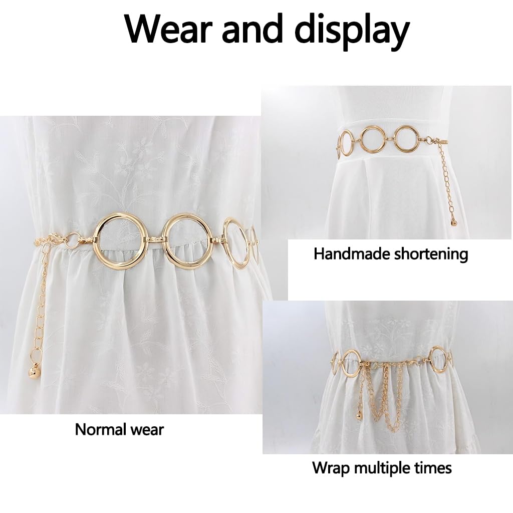 ZIBUYU Fashion Metal Waist Chain for Dresses and Jeans with Adjustable Ring 115cm Gold