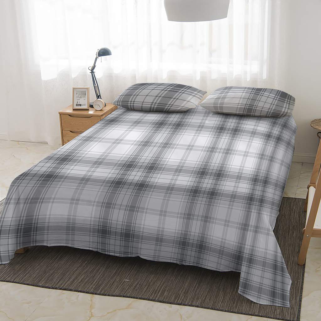 Supvox  Premium 3 Piece Bed Sheet Set 100% Microfiber Polyester £¨Includes 1 Flat Sheet, 2 Pillow Covers - Super Soft, Warm, Breathable, Cooling, Wrinkle and Fade Resistant (Queen, Gray Grid)