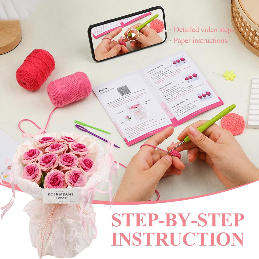 HASTHIP® DIY Rose Bouquet Crochet Material Kit Gradient Pink Rose Bouquet Crochet Kit with Yarn, Crochet Hook, Stitch Marks, Step By Step Tutorial, DIY Crochet Art Kit Christmas Birthday Gift