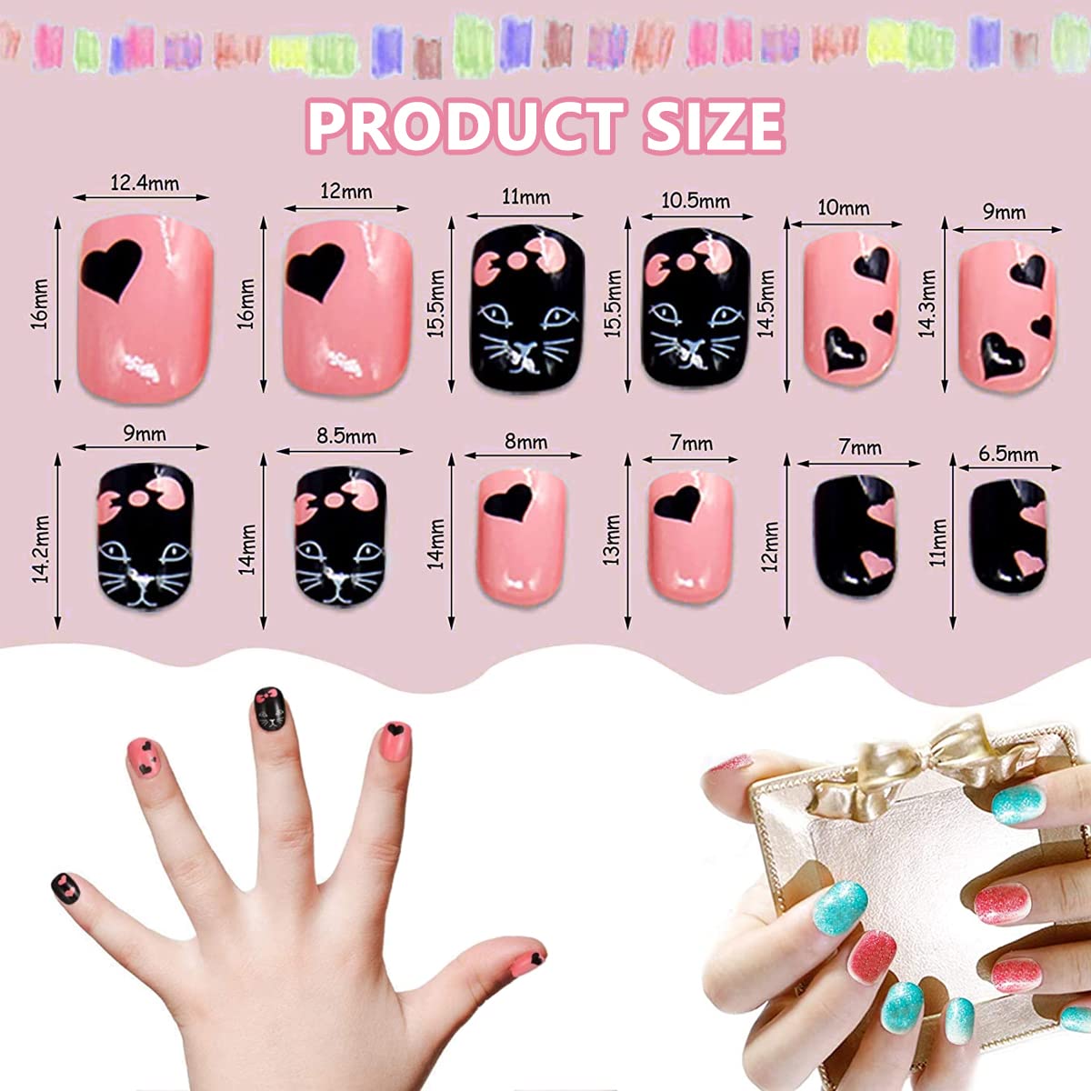 MAYCREATE® 120pcs Nail Art Kit for Kids, Children Fake Nails Artificial Nail Tips Girls Full Cover Short False Fingernails for Kids Little Girls Nail Art Decoration, Set of 5