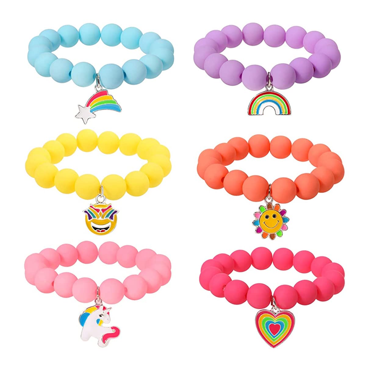 SANNIDHI 6 Pack Beads Bracelets for Kids Pendant Beaded Bracelet for Girls Teen Cartoon Charm Kids Bracelets Matte Candy Color Friendship Bracelets Gift