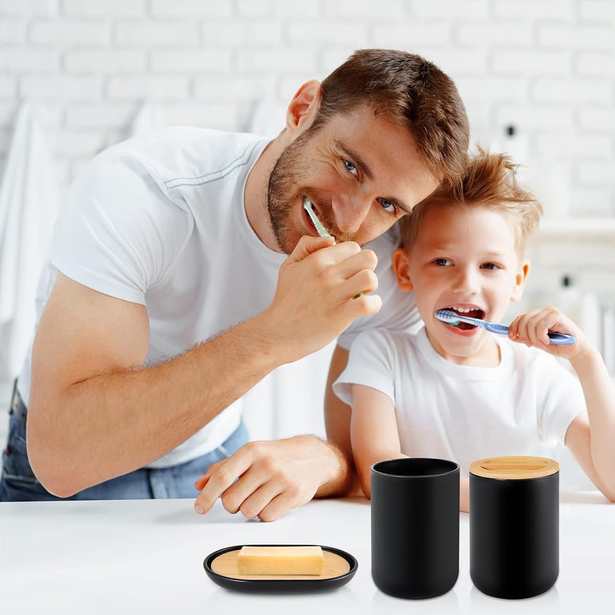 ZIBUYU Bathroom Accessories Set for Modern Decor with Matte Black Finish | 4 Piece Plastic and Bamboo Organizer