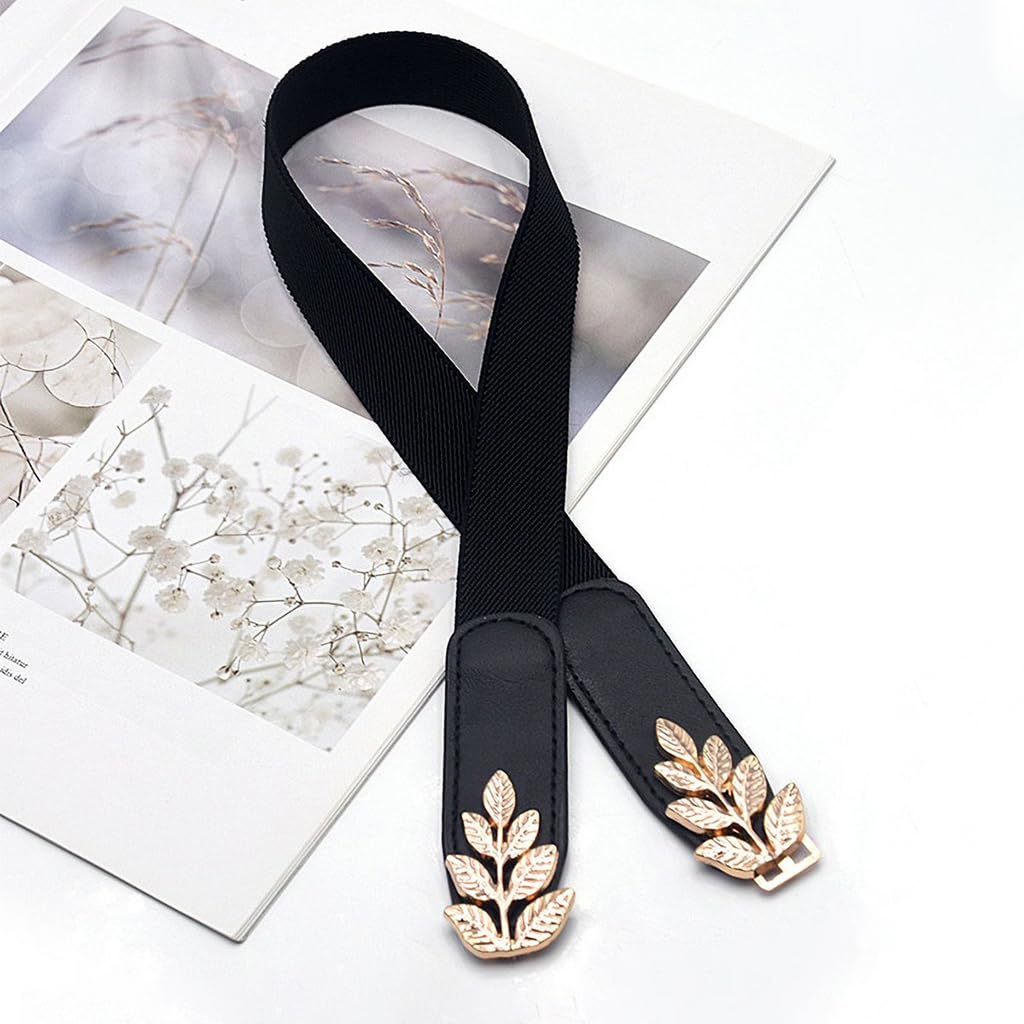 ZIBUYU Fashion Waist Belt for Women Chic Golden Leaf Buckle Design 25.2 inches Stretchy Slim Waist Belt High Class Vintage Belt for Shirt, Blazer, Sweater, Dress, 64-75cm