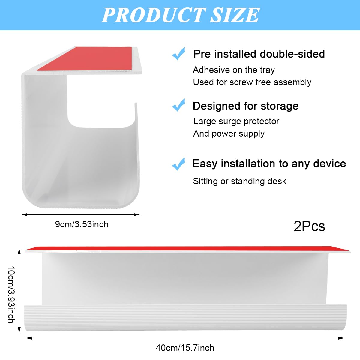 Serplex Cable Management Tray for Home and Office with 15.7 in Half Enclosed Design | White Set of 2