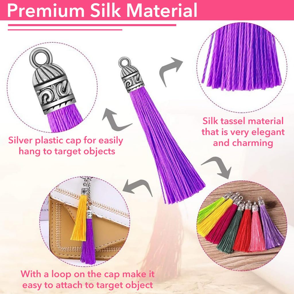 HASTHIP Tassels for Jewelry Making with 100 mixed colors and hanging loop design | 2.36 inch silky polyester set