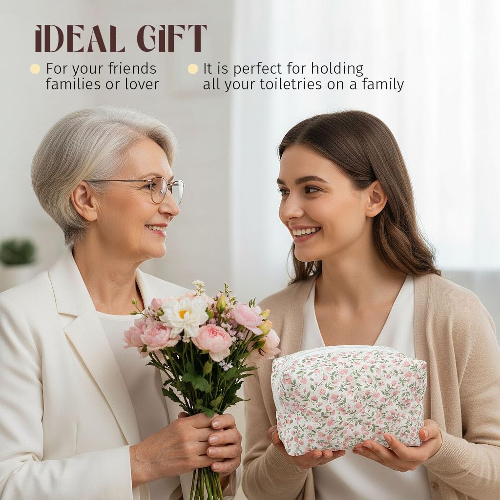 ZIBUYU Quilted Floral Cosmetic Pouch for Travel and Daily Use with Secure Zipper | Cotton Organizer Bag for Women