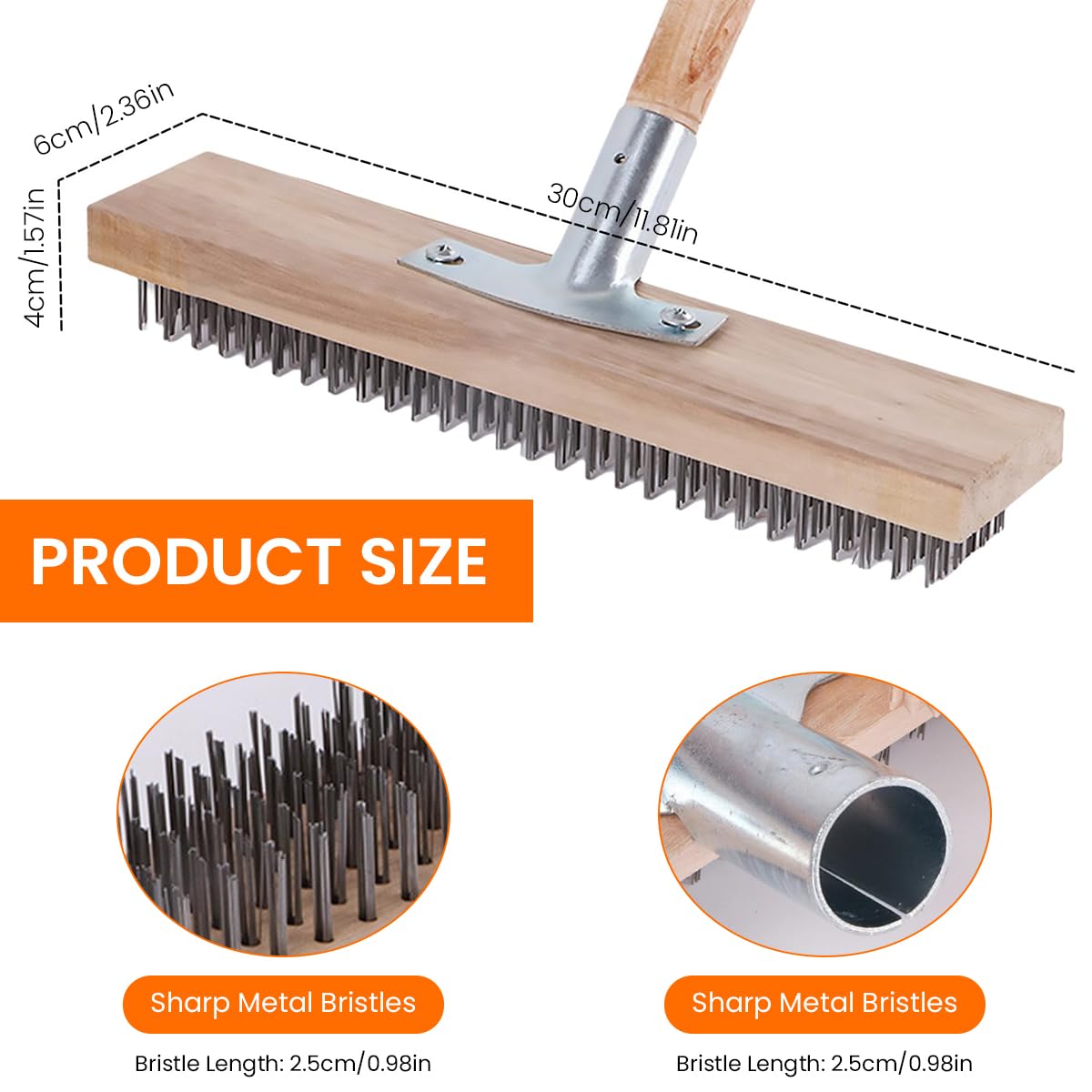 Serplex Stainless Steel Bristle Scrub Brush Head 11.8 in for Concrete Deck and Patio Cleaning