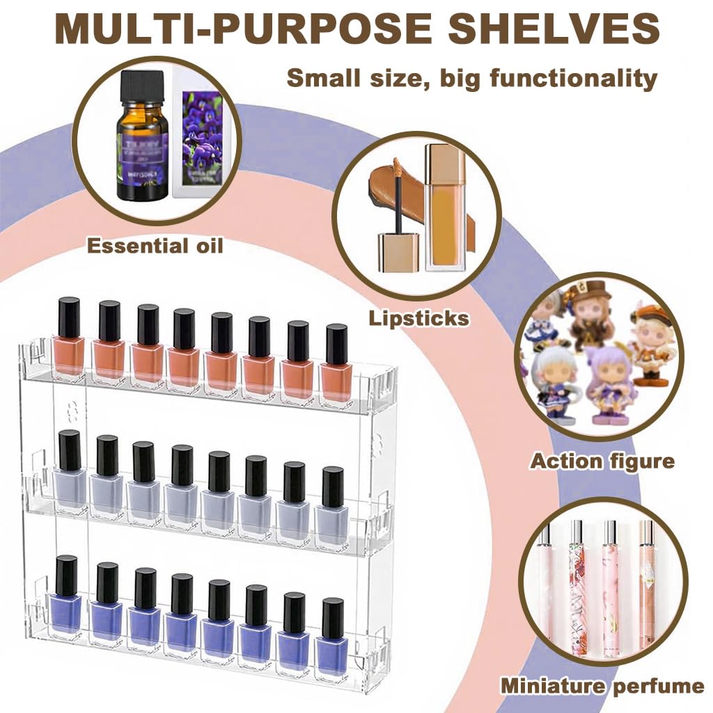 MAYCREATE Wall Mount Nail Polish Organizer for Makeup and Beauty Storage featuring 3 Tiers Clear Acrylic Design | No Drill Space Saver