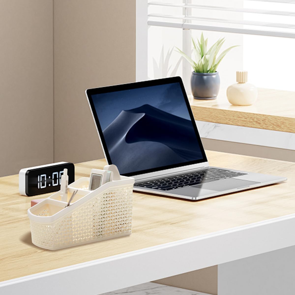 HASTHIP Remote Stand for Home with 4 Compartments and Hollow Woven Design 9.5x21x11cm | Plastic Organizer for Office and Vanity