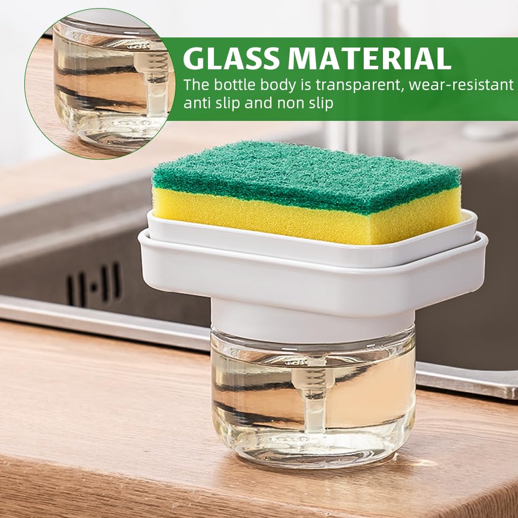 Supvox Glass Liquid Soap Dispenser 280ml for Kitchen with Integrated Sponge Drain Holder