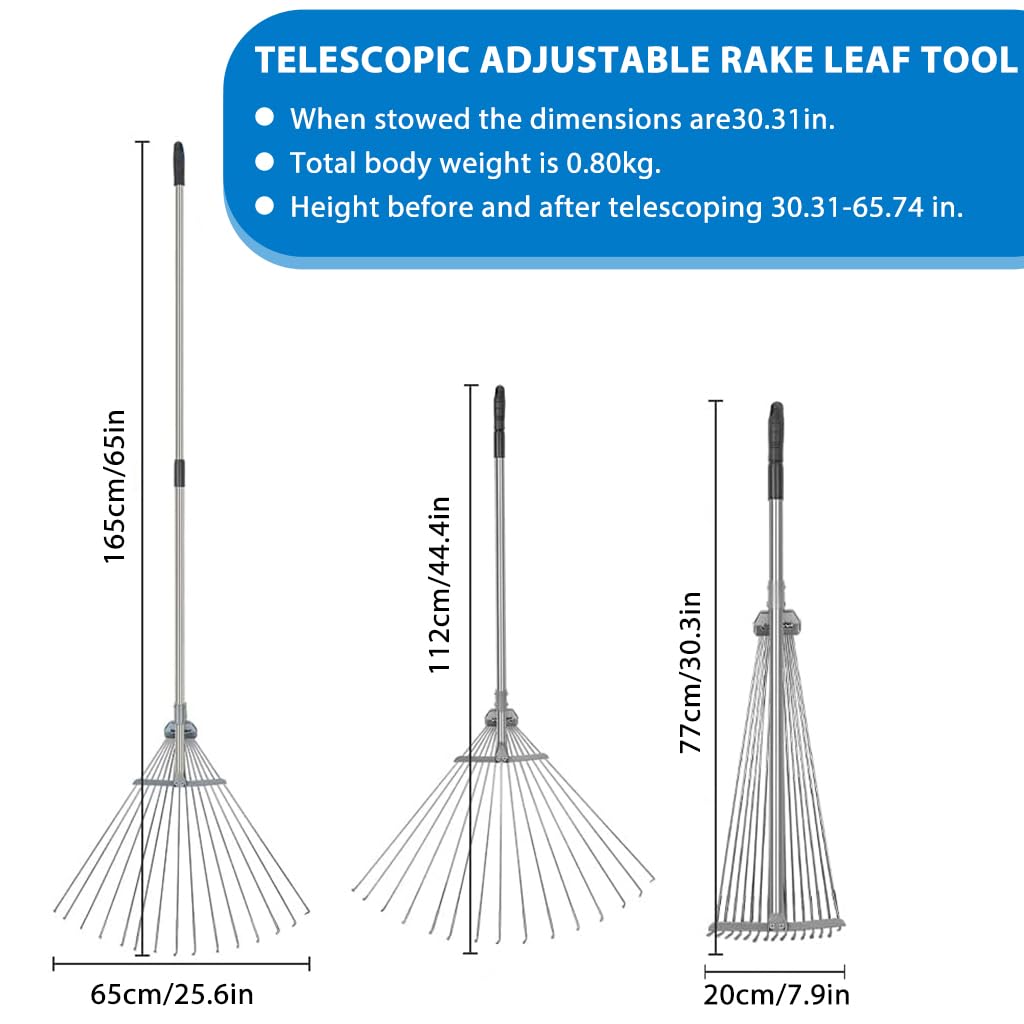 HASTHIP® Retractable Garden Leaf Rake - Foldable Gardening Rake for Leaves - Garden Metal Thatch Rake - Heavy Duty Rakes for Lawns with Expandable Head 20-65CM - Grass Rake for Lawn, Yard, Beds