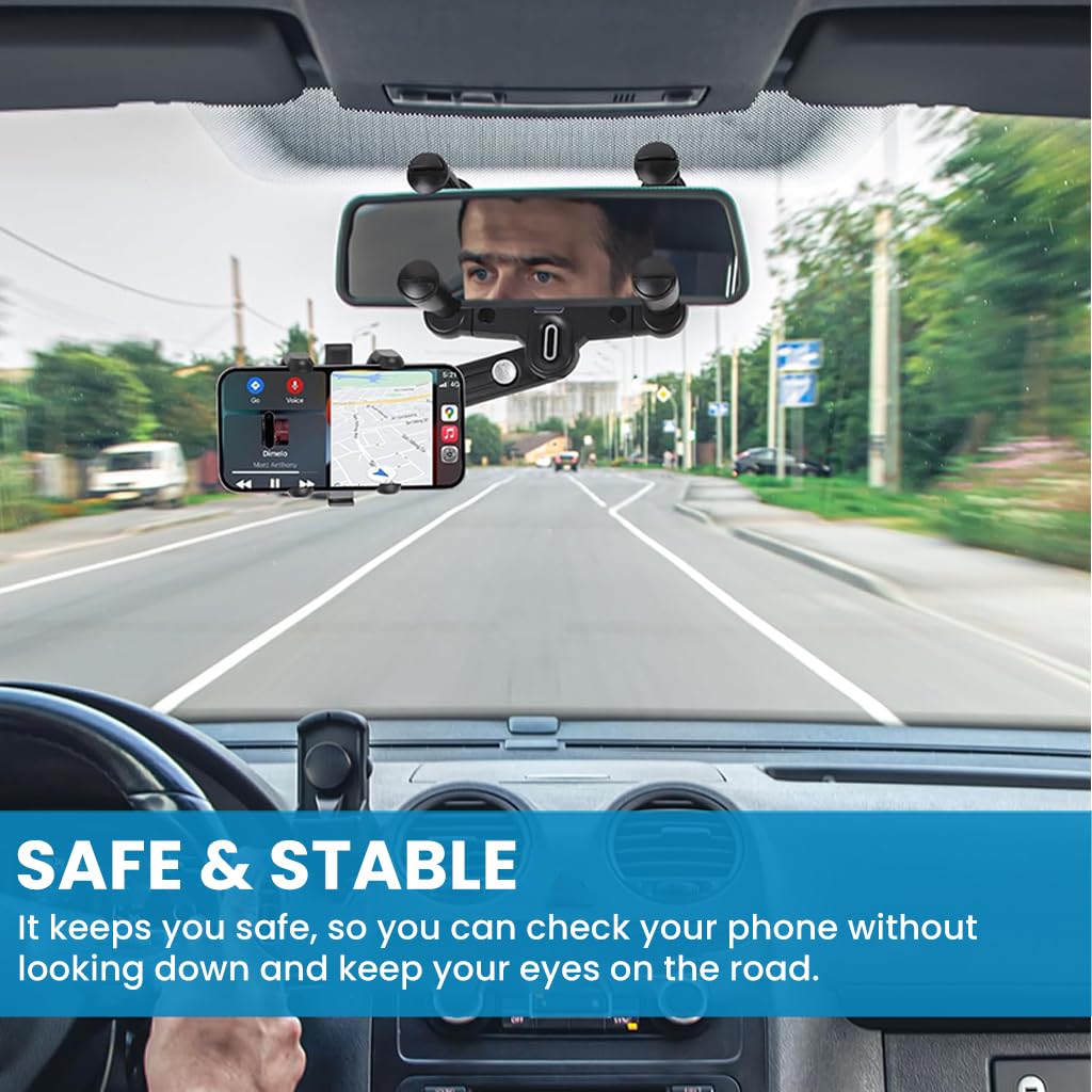 STHIRA Rearview Mirror Phone Holder for Car with 360° Rotation and 4-Claw Grip | Retractable Arm