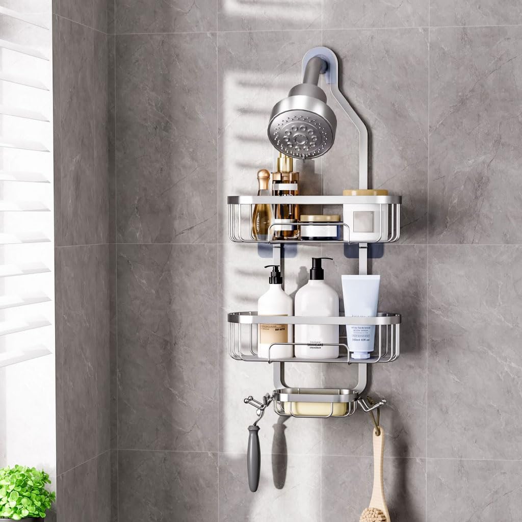 Supvox Wall Shower Caddy for Bathroom with 2 Tier Adhesive Mount and Quick-Dry Metal Shelves | Rustproof Organizer 2PCS
