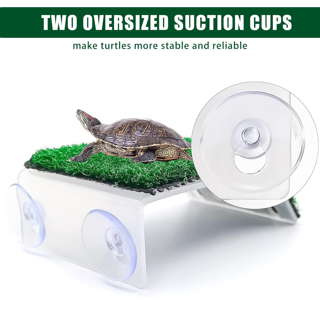 Qpets Turtle Basking Platform for Aquatic and Terrestrial Tanks with Suction Cups and Removable Turf | Wall Mounted Design for Comfortable Sunbathing