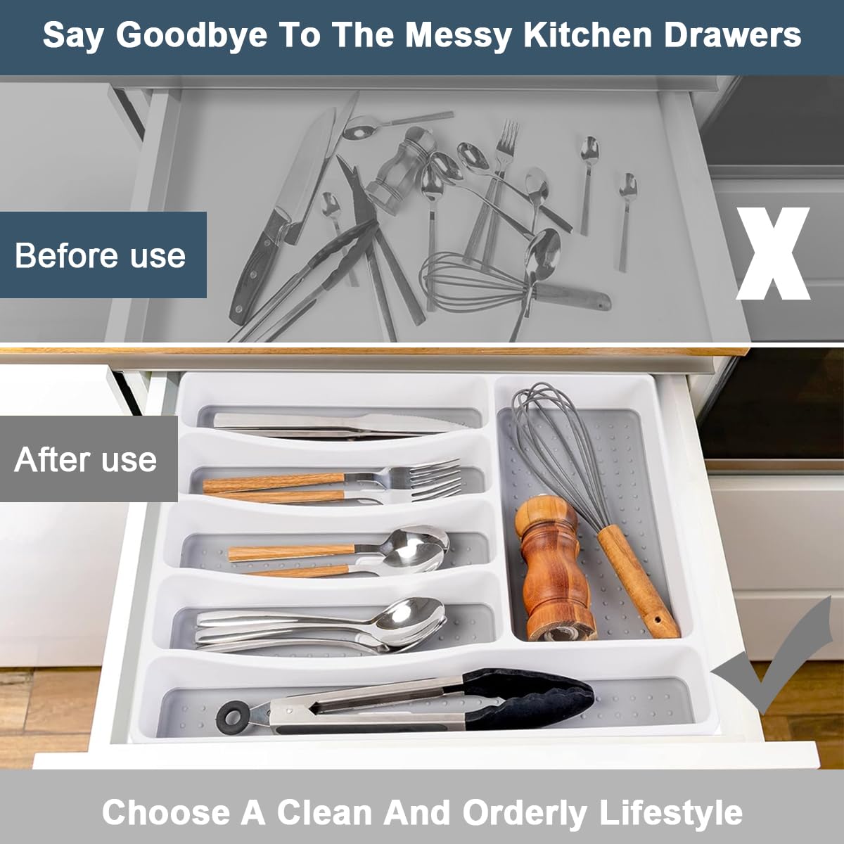 Supvox® Tray for Kitchen Organizer, 6 Compartment Cutlery Tray Kitchen Drawer Organiser Utensils Utensil Flatware Tableware Organizer